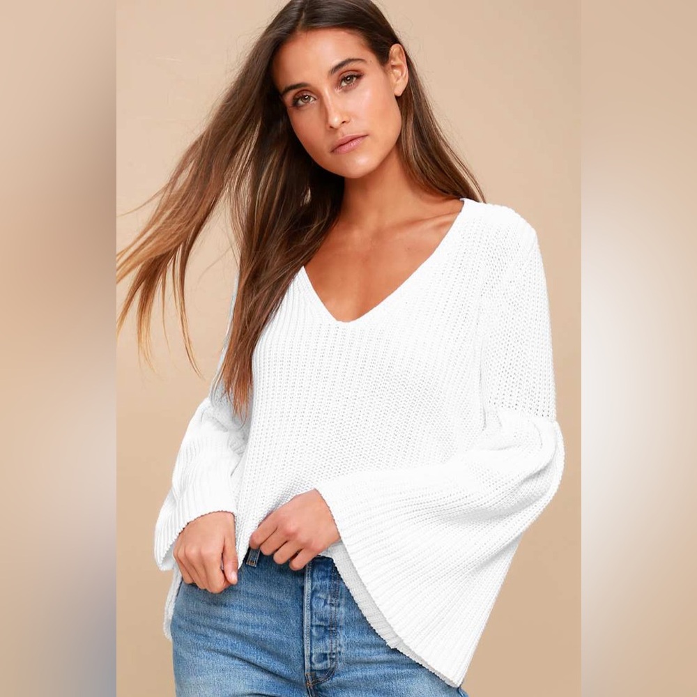 Free People Damsel Bell Sleeve Knit Sweater-White